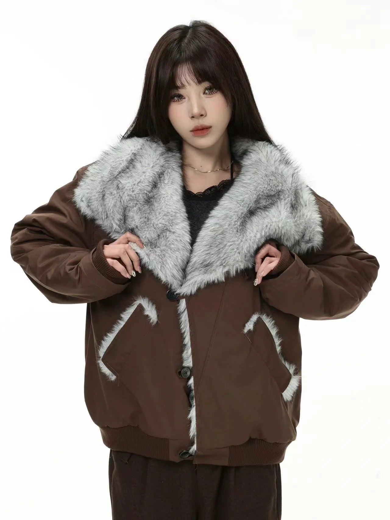 Oversized Shearling Lapel Padded Coat  f0374