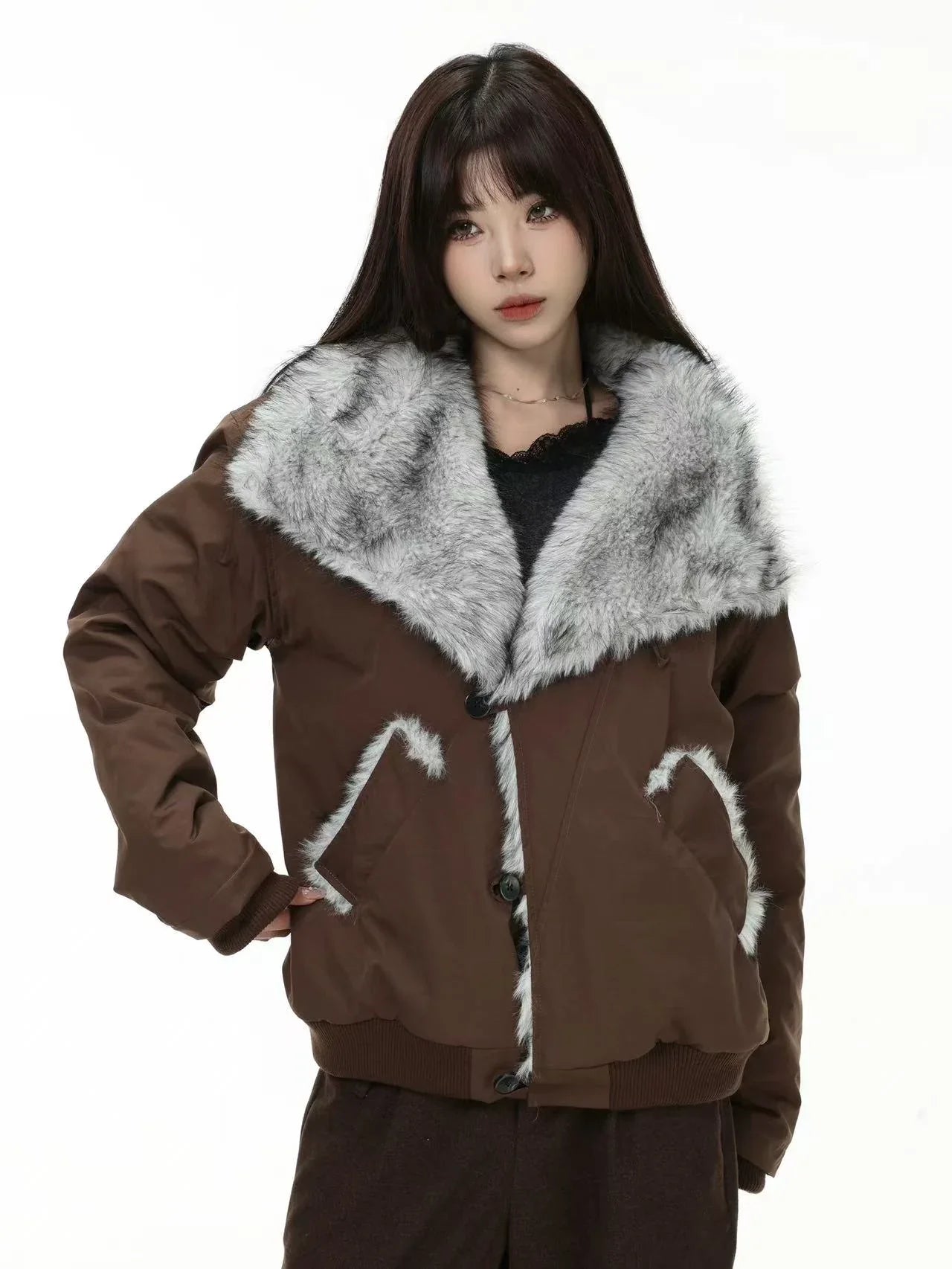 Oversized Shearling Lapel Padded Coat  f0374
