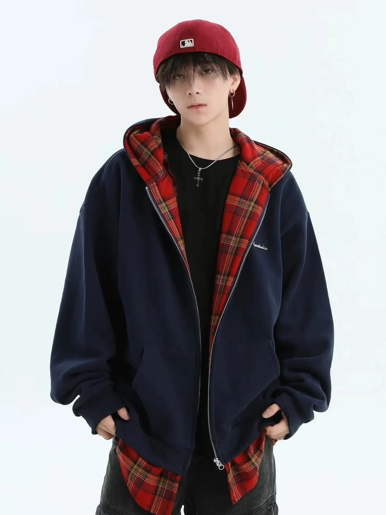 Layered Plaid Hoodie Cardigan   OL1980
