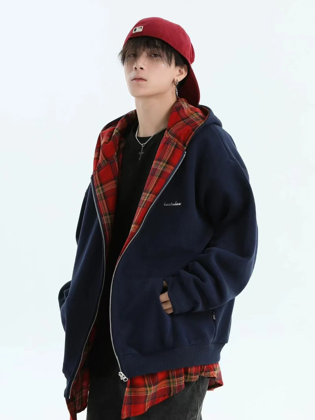 Layered Plaid Hoodie Cardigan   OL1980