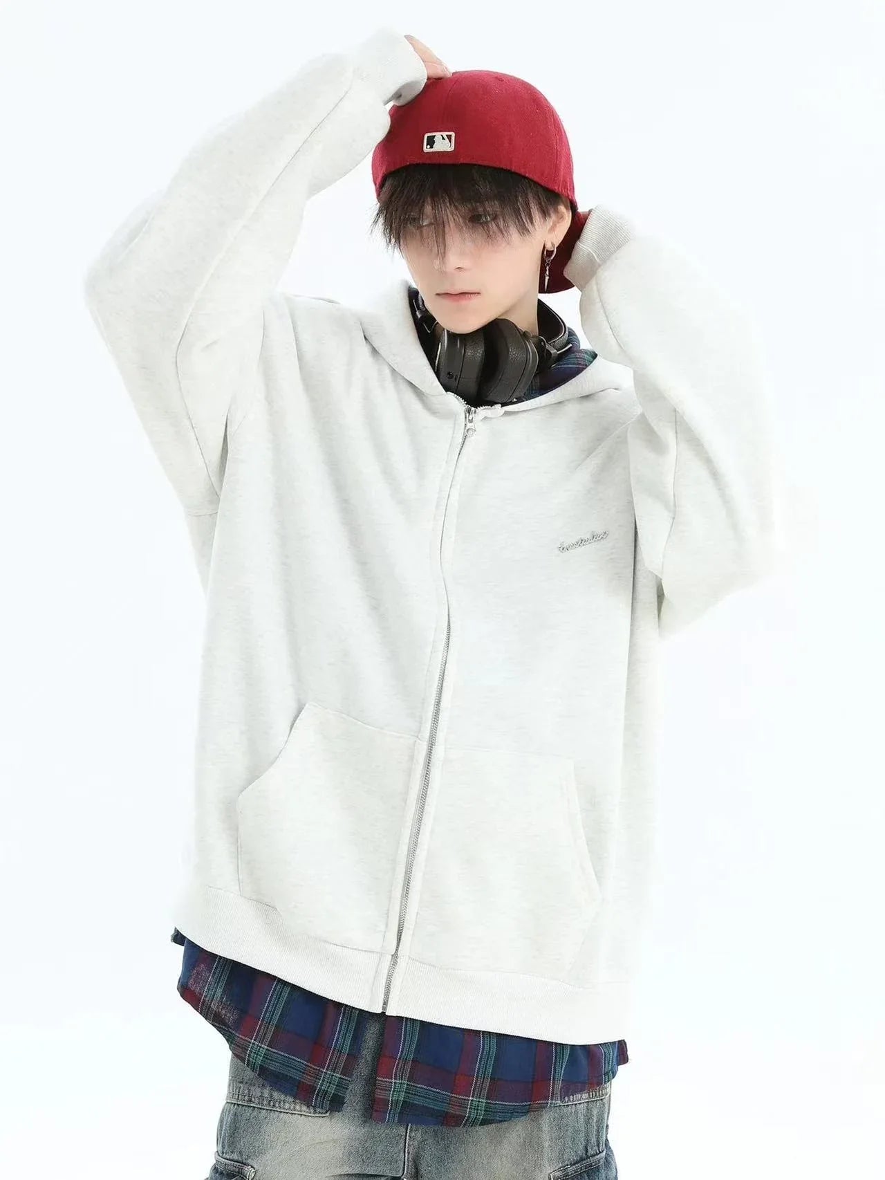 Layered Plaid Hoodie Cardigan   OL1980