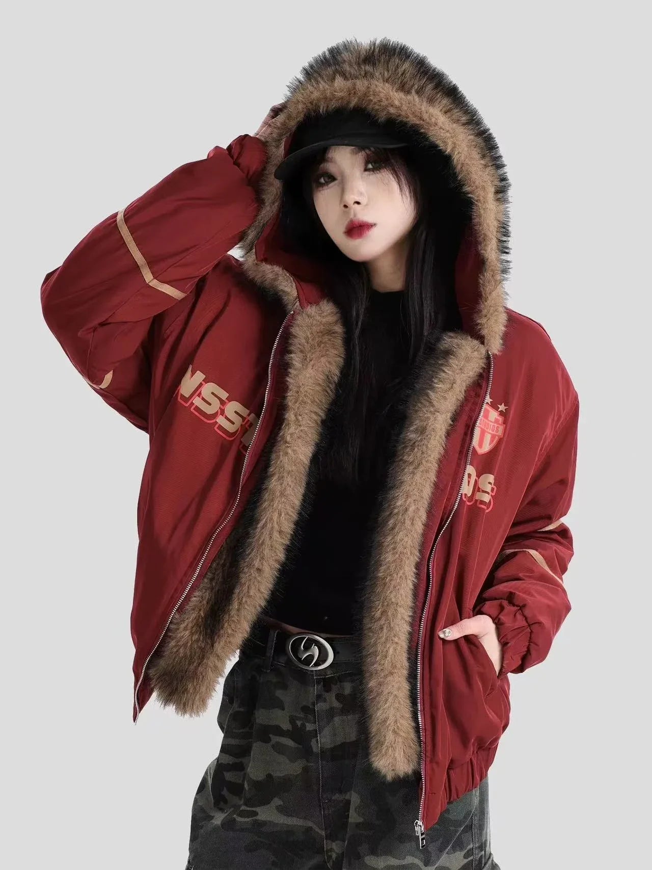 Oversized Plush Hooded Puffer  f0373