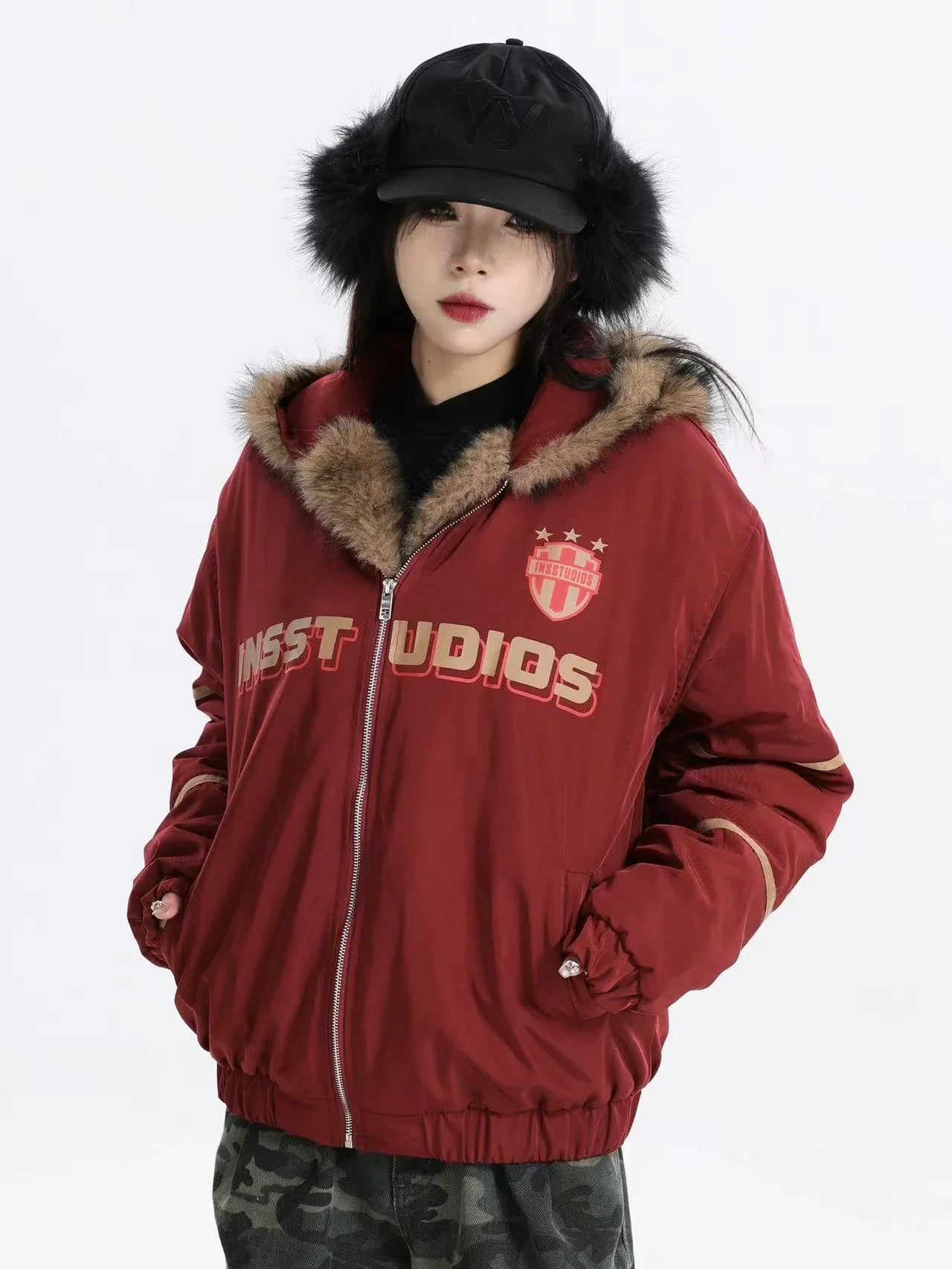 Oversized Plush Hooded Puffer  f0373