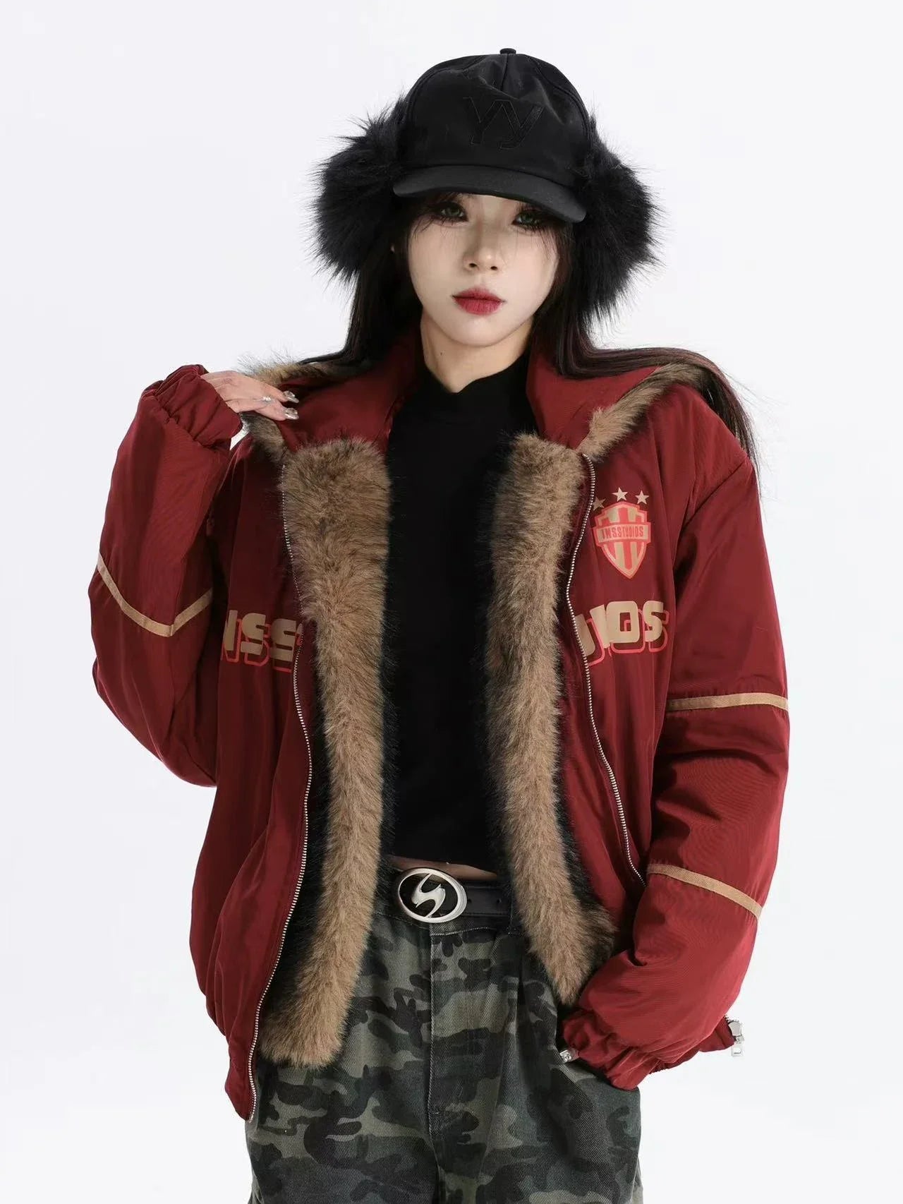 Oversized Plush Hooded Puffer  f0373