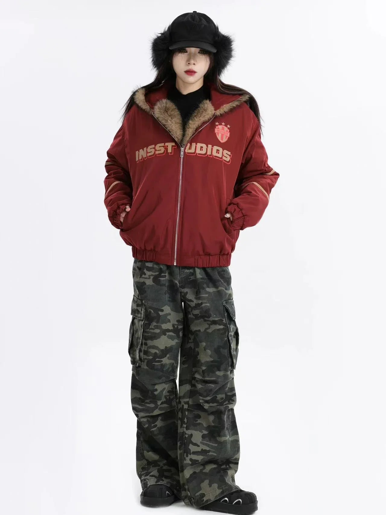 Oversized Plush Hooded Puffer  f0373