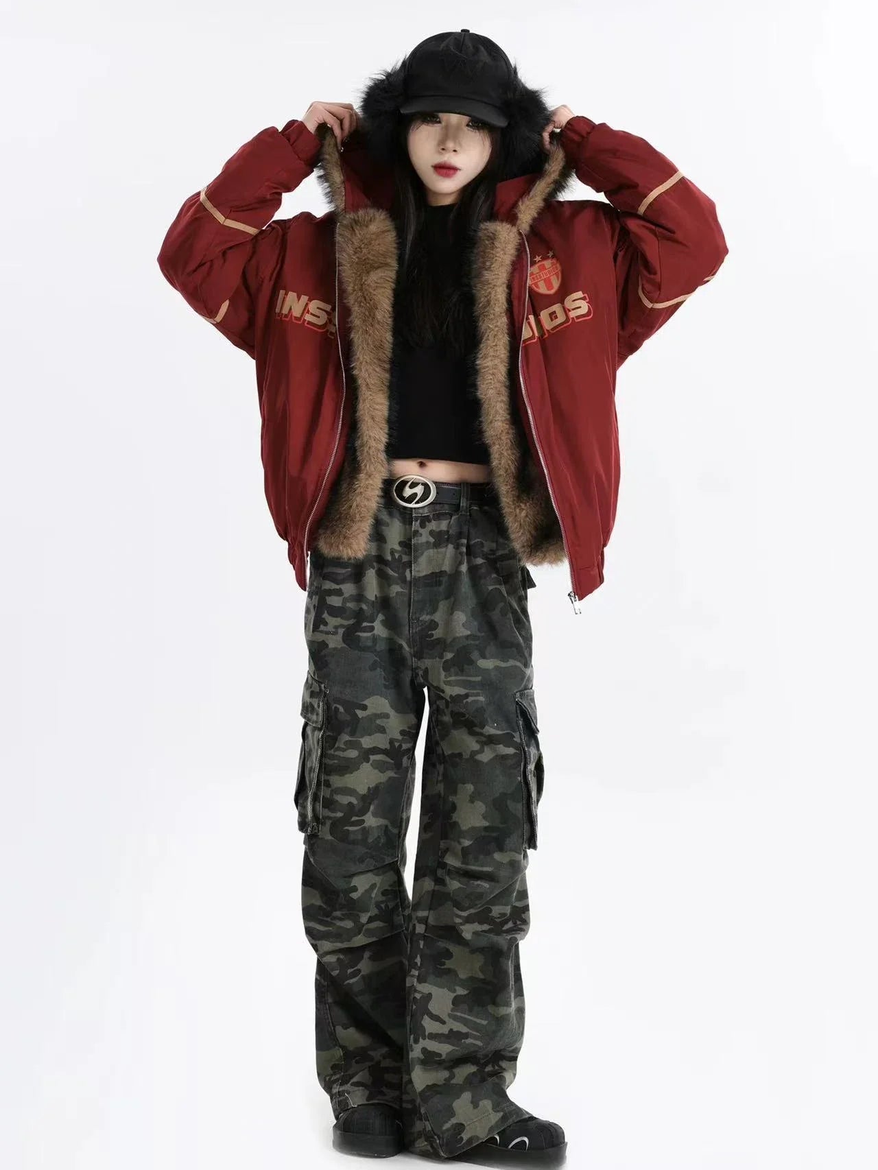 Oversized Plush Hooded Puffer  f0373