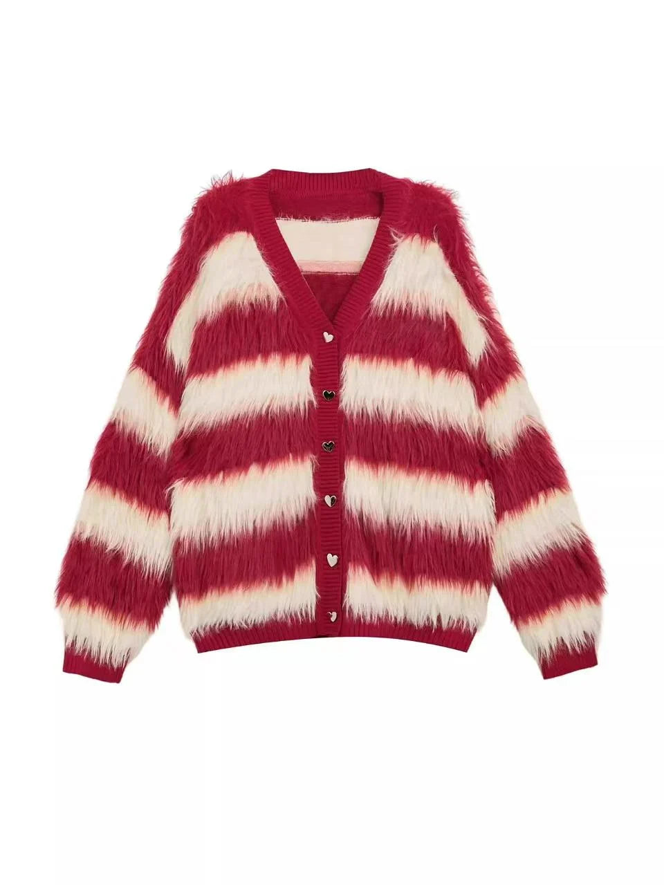 Striped V-Neck Fluffy Knit Cardigan f0332