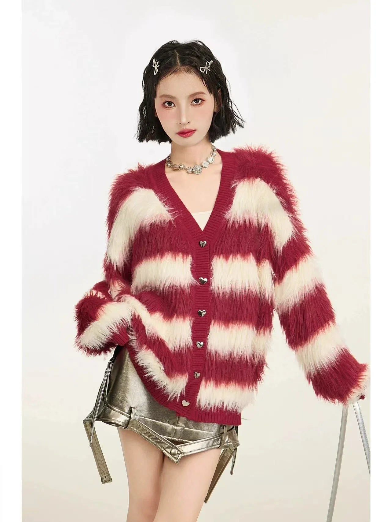 Striped V-Neck Fluffy Knit Cardigan f0332