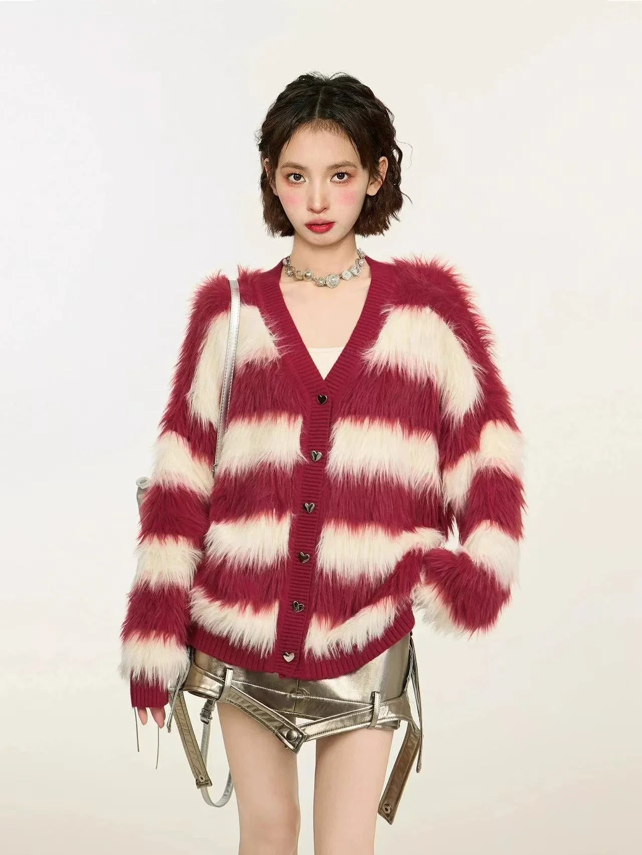 Striped V-Neck Fluffy Knit Cardigan f0332