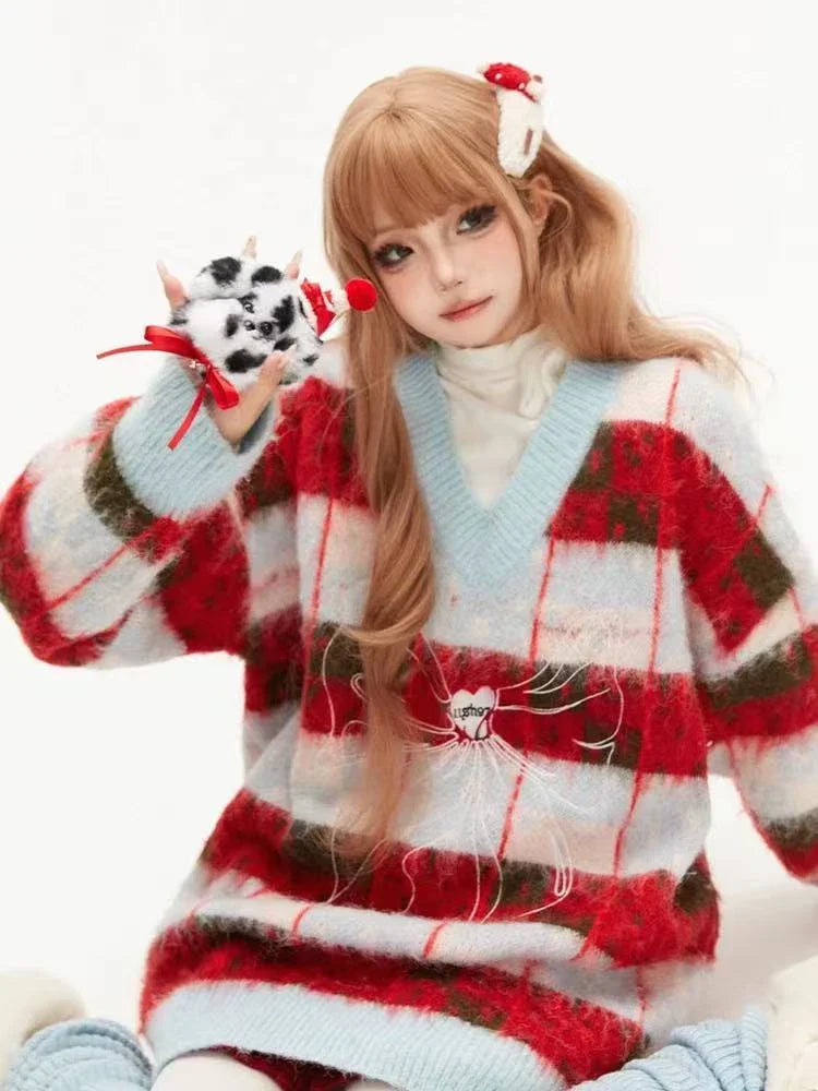 Ribbon V-Neck Contrast Knit Sweater f0330