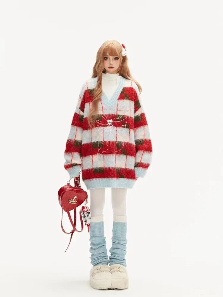 Ribbon V-Neck Contrast Knit Sweater f0330