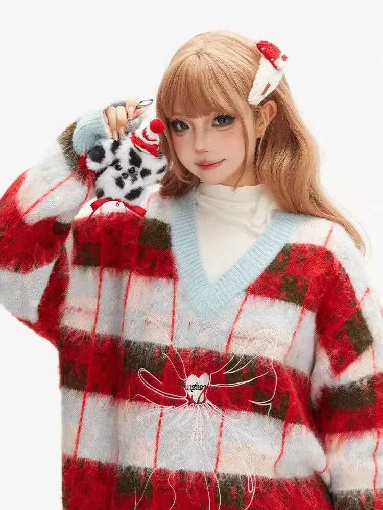 Ribbon V-Neck Contrast Knit Sweater f0330