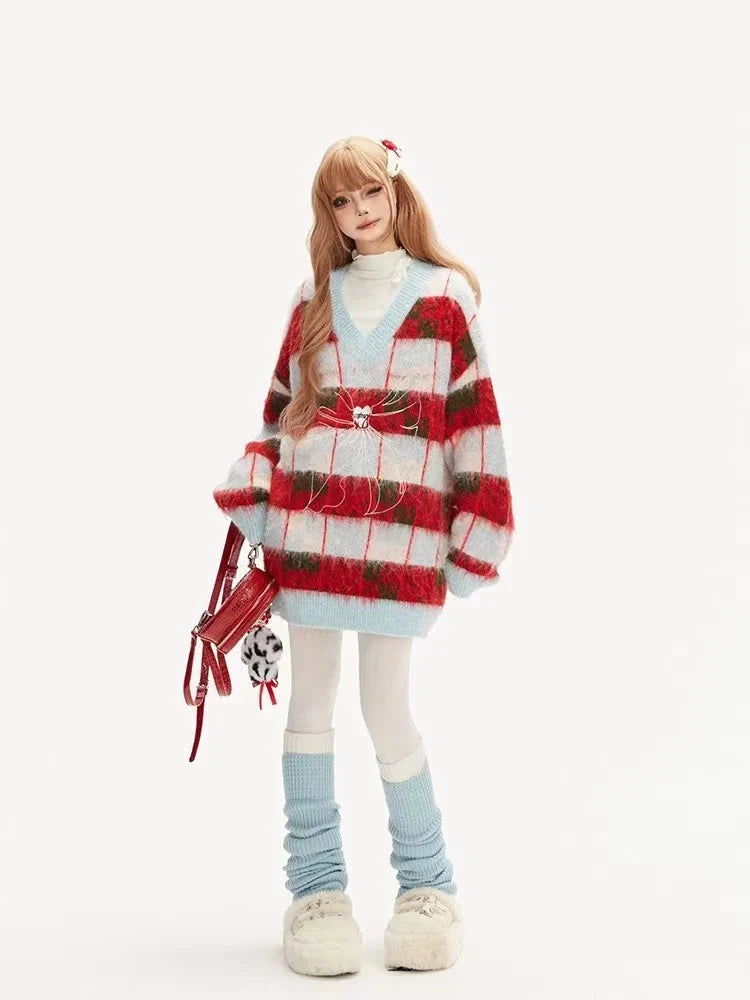 Ribbon V-Neck Contrast Knit Sweater f0330