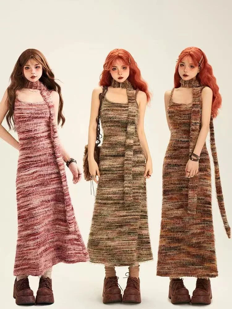 Striped Knit Bodycon Dress with Contrast Design f0328