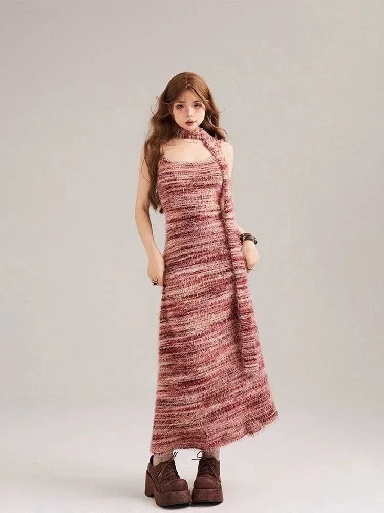 Striped Knit Bodycon Dress with Contrast Design f0328