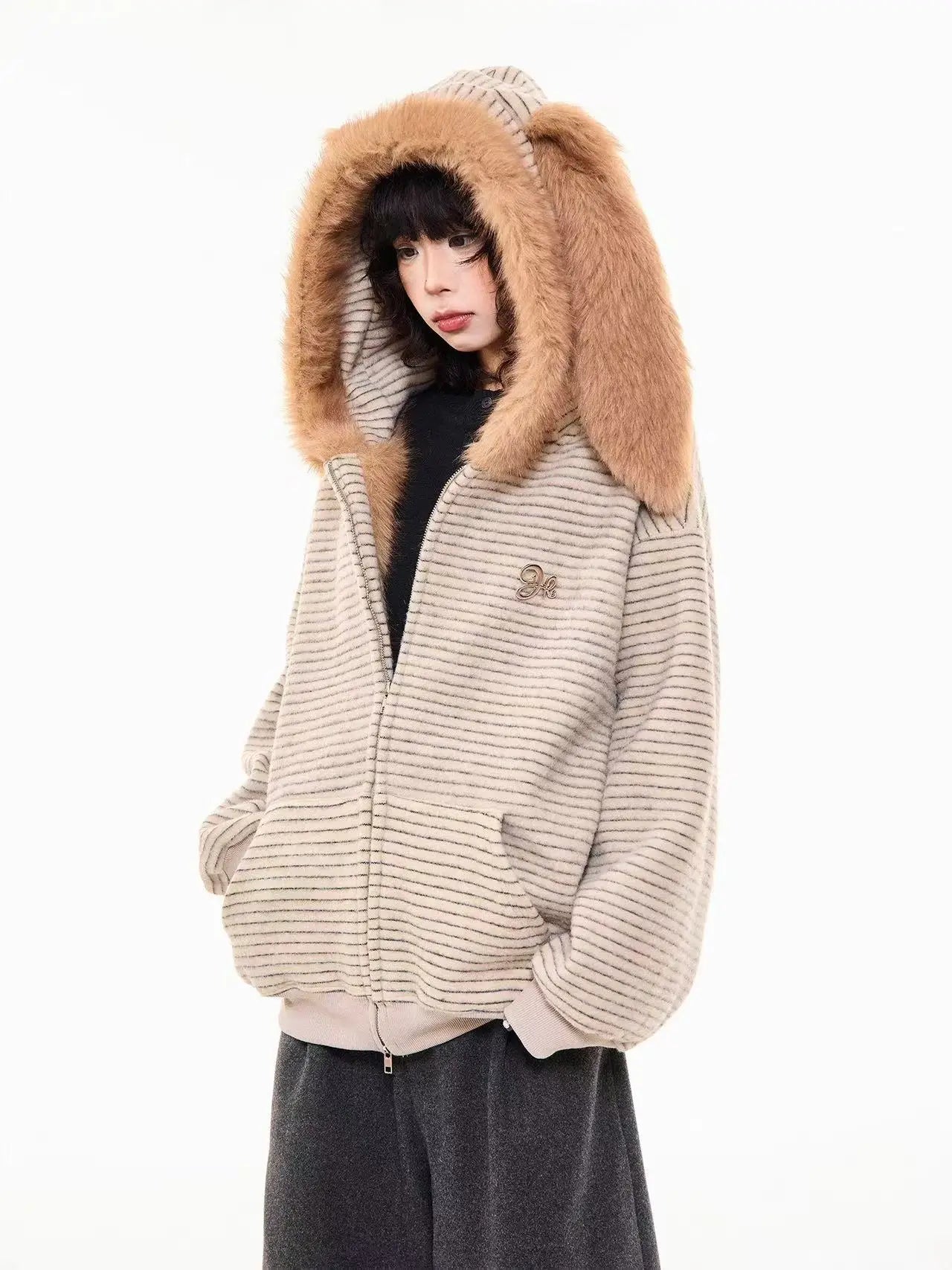 Striped Bunny Hood Fleece Lined Hoodie  f0366