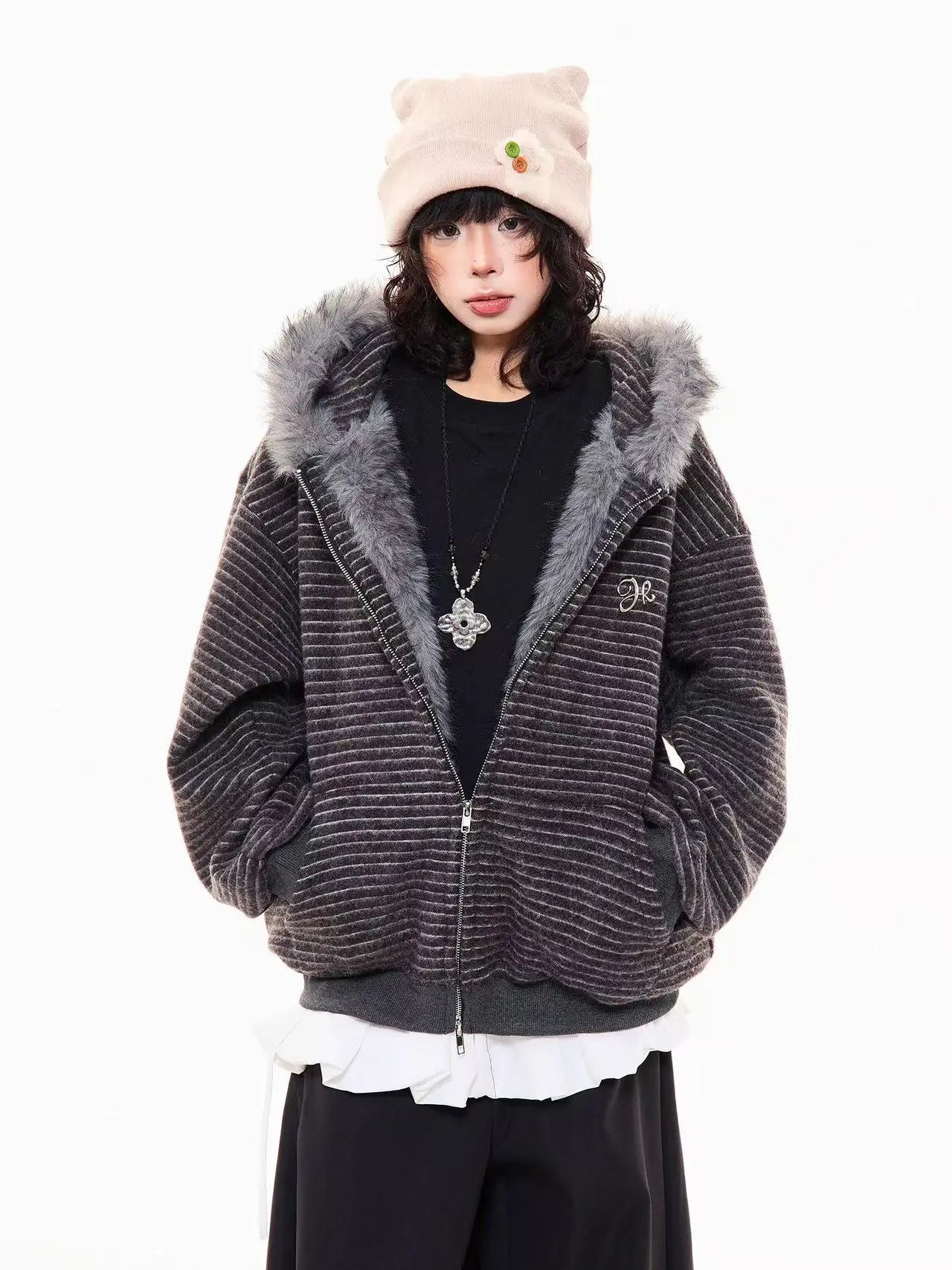 Striped Bunny Hood Fleece Lined Hoodie  f0366