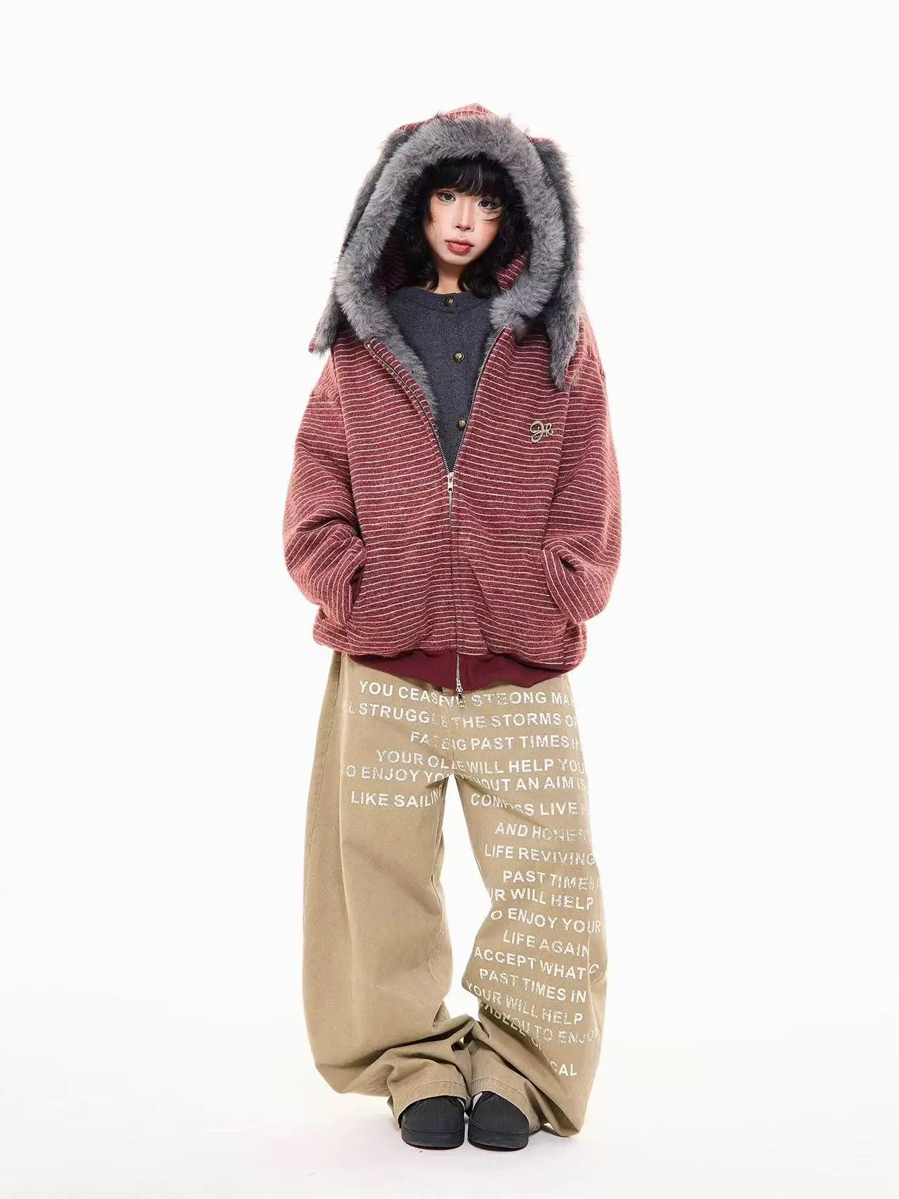 Striped Bunny Hood Fleece Lined Hoodie  f0366