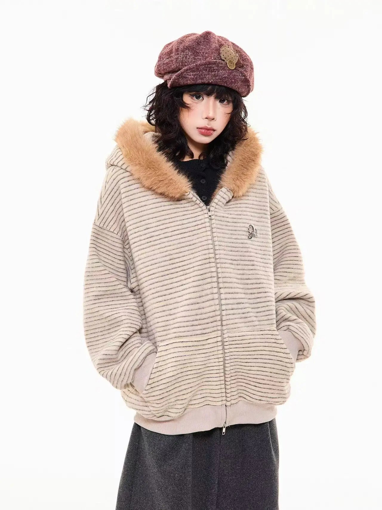 Striped Bunny Hood Fleece Lined Hoodie  f0366