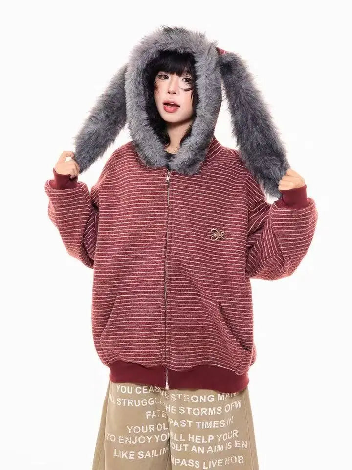 Striped Bunny Hood Fleece Lined Hoodie  f0366
