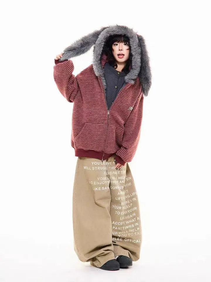 Striped Bunny Hood Fleece Lined Hoodie  f0366