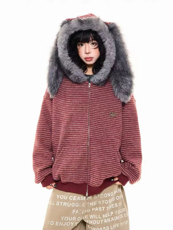 Striped Bunny Hood Fleece Lined Hoodie  f0366