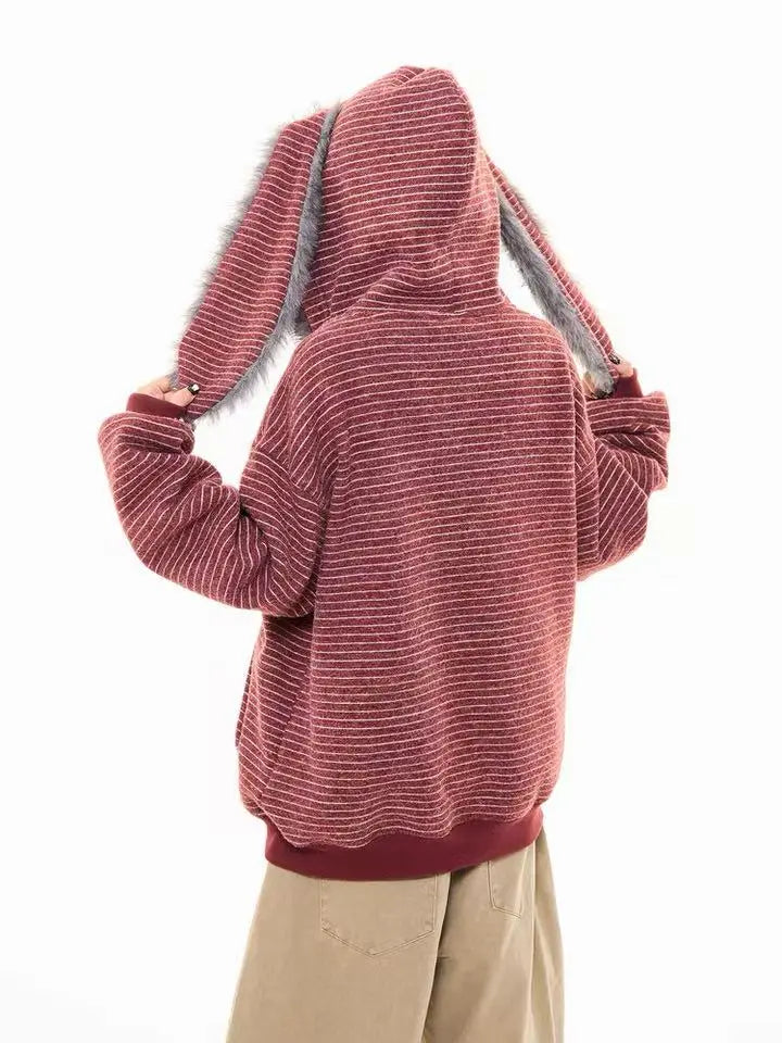 Striped Bunny Hood Fleece Lined Hoodie  f0366