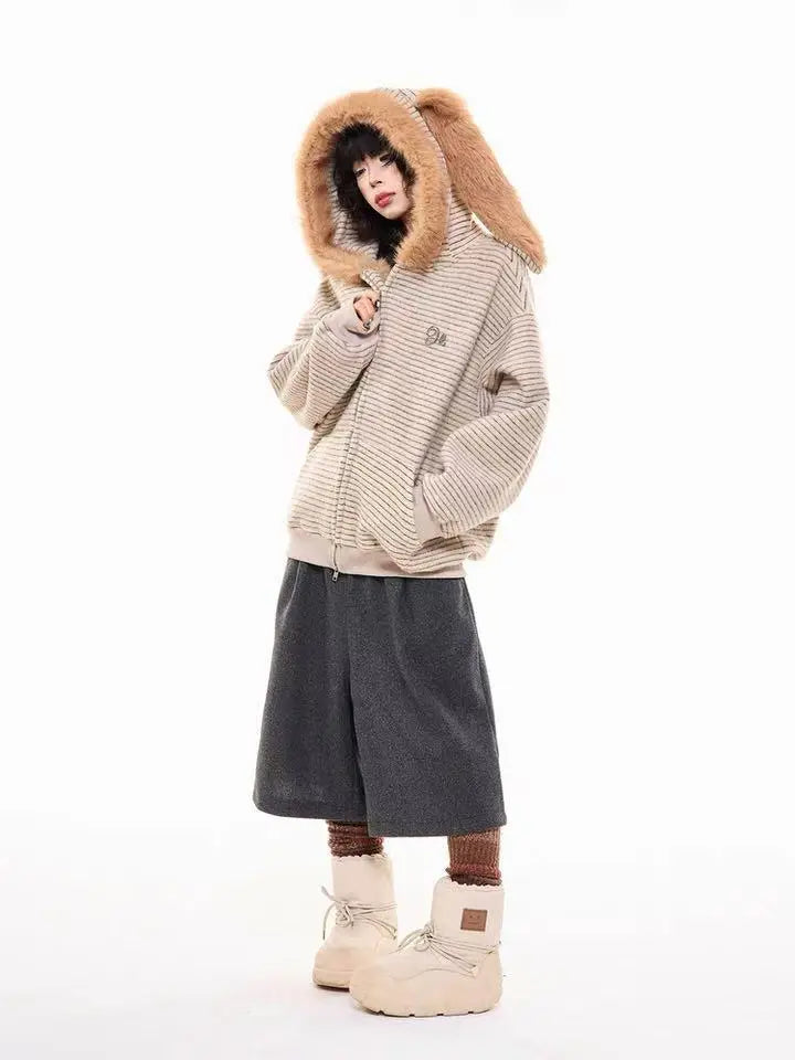 Striped Bunny Hood Fleece Lined Hoodie  f0366