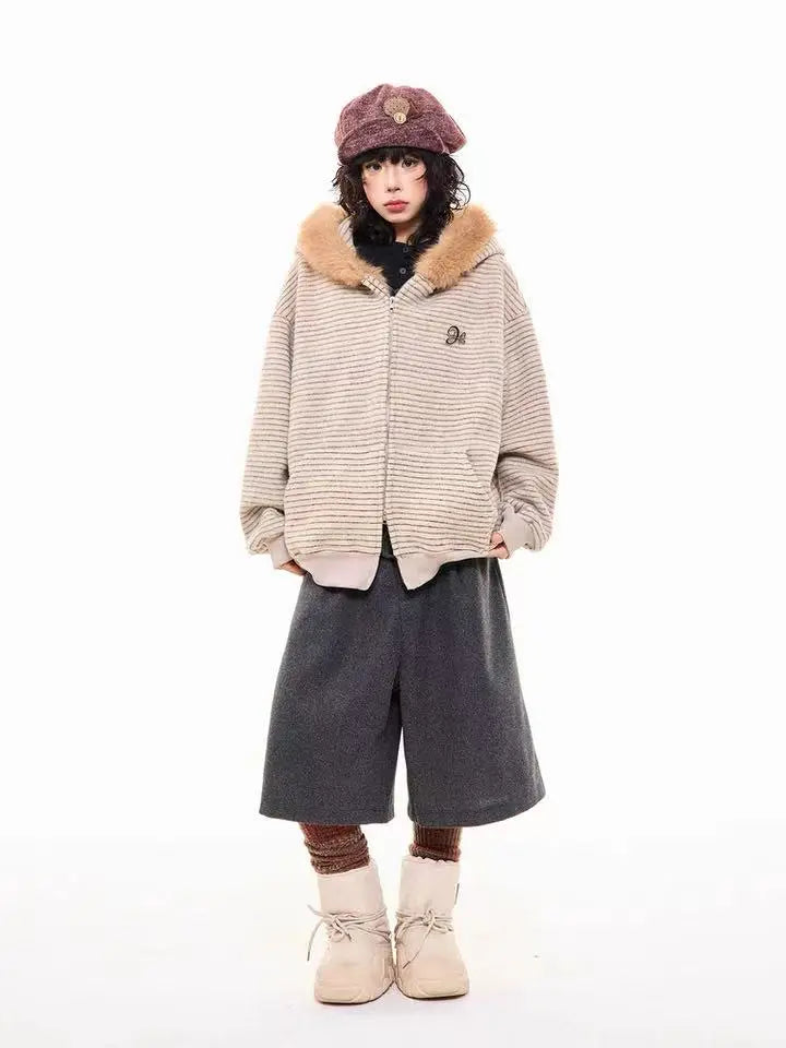 Striped Bunny Hood Fleece Lined Hoodie  f0366