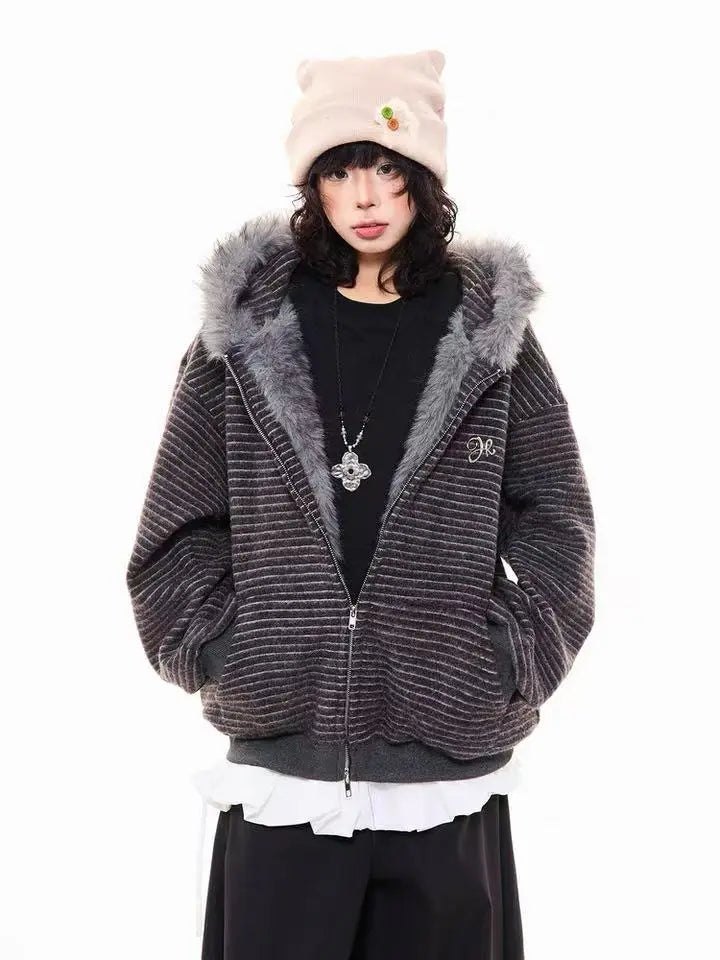 Striped Bunny Hood Fleece Lined Hoodie  f0366