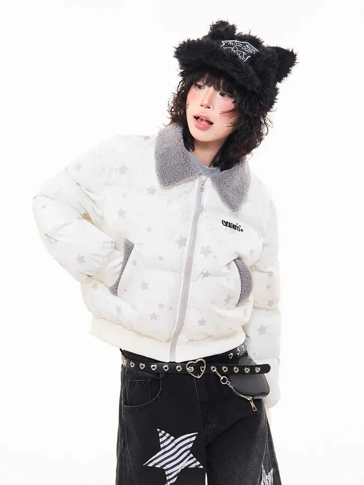 Star Puffer Jacket with Faux-Fur Collar  f0367