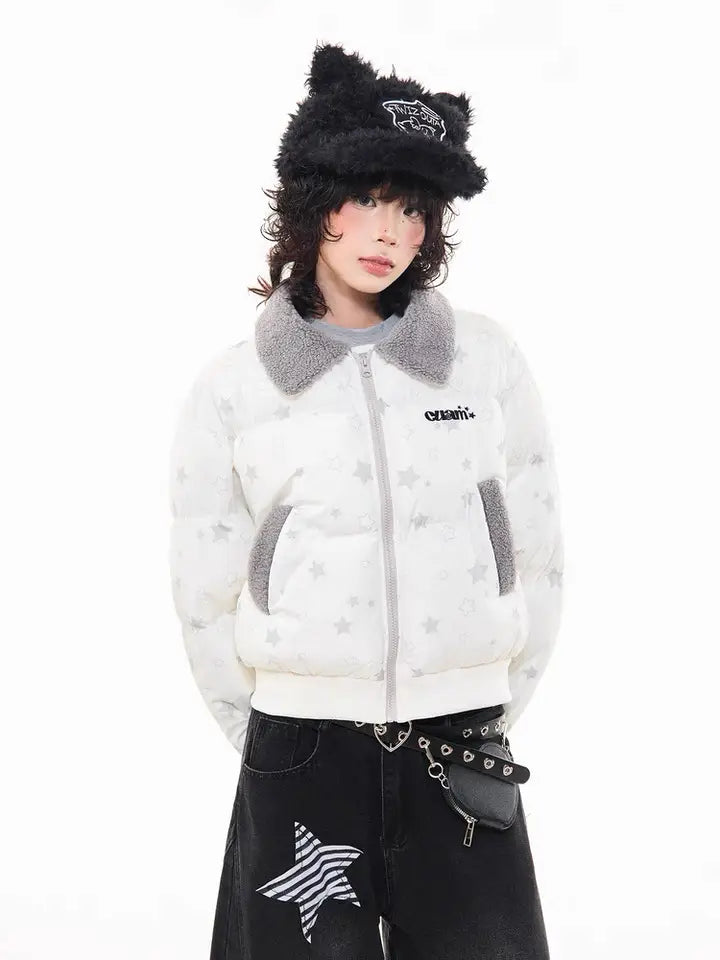 Star Puffer Jacket with Faux-Fur Collar  f0367