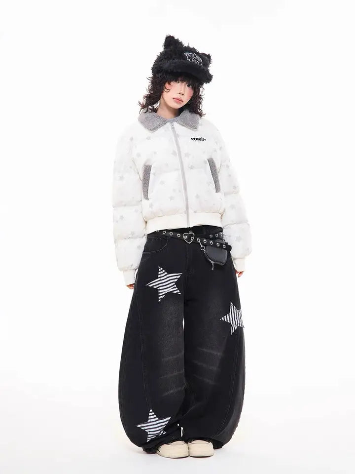 Star Puffer Jacket with Faux-Fur Collar  f0367