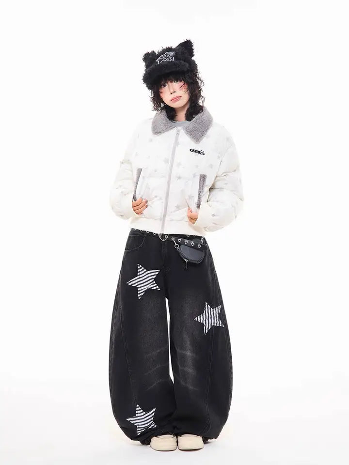 Star Puffer Jacket with Faux-Fur Collar  f0367