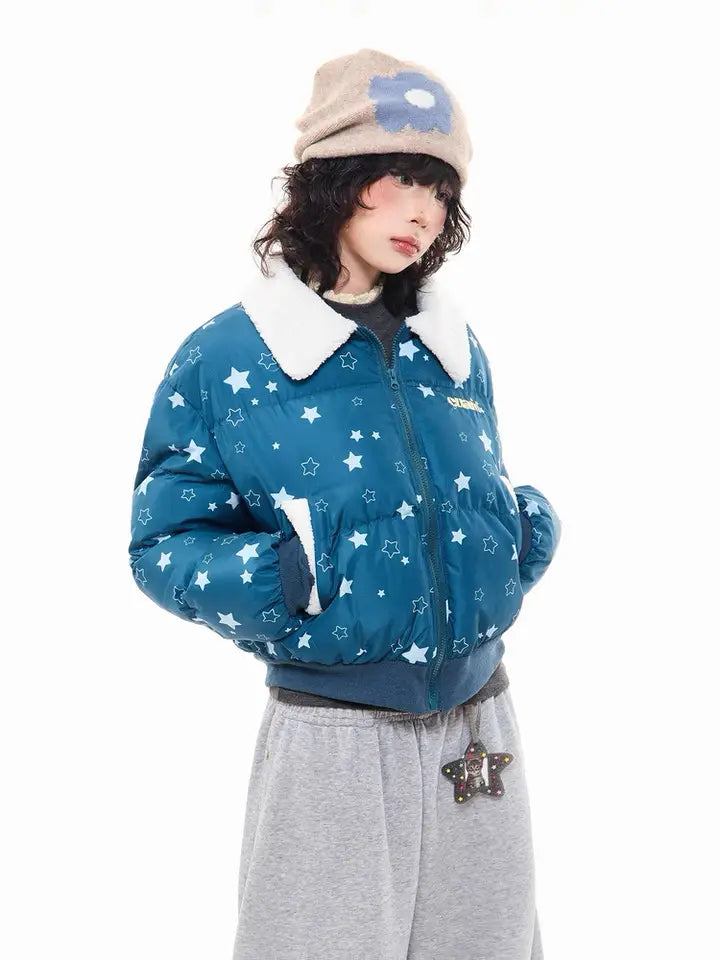 Star Puffer Jacket with Faux-Fur Collar  f0367