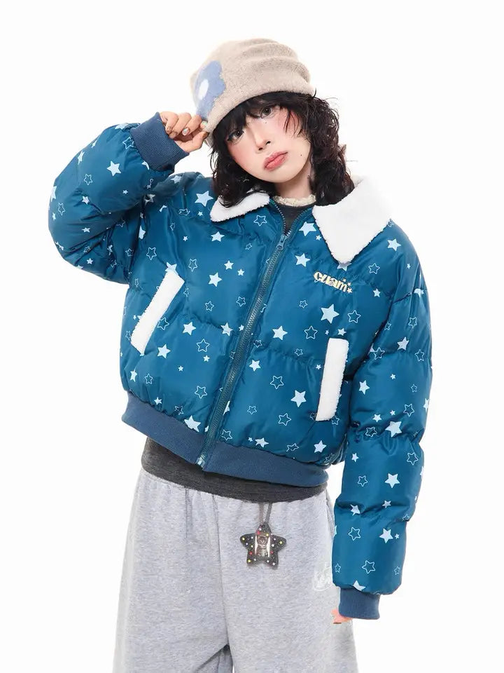 Star Puffer Jacket with Faux-Fur Collar  f0367