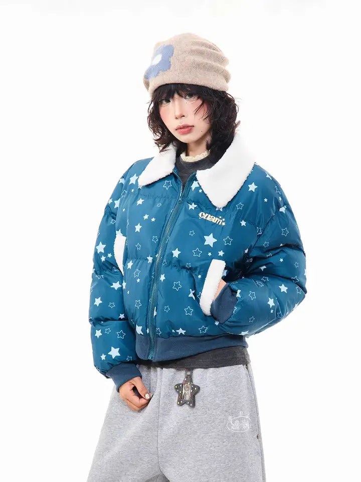 Star Puffer Jacket with Faux-Fur Collar  f0367