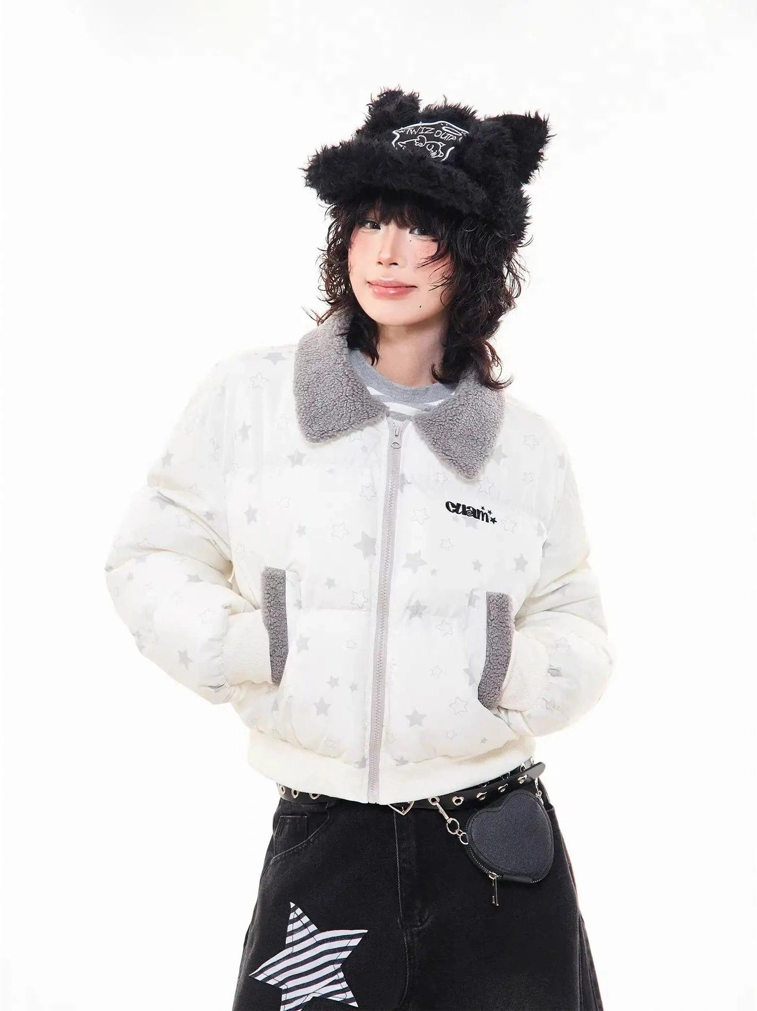 Star Puffer Jacket with Faux-Fur Collar  f0367