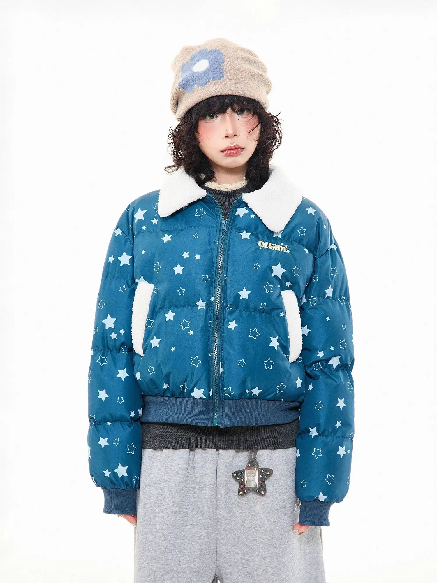 Star Puffer Jacket with Faux-Fur Collar  f0367