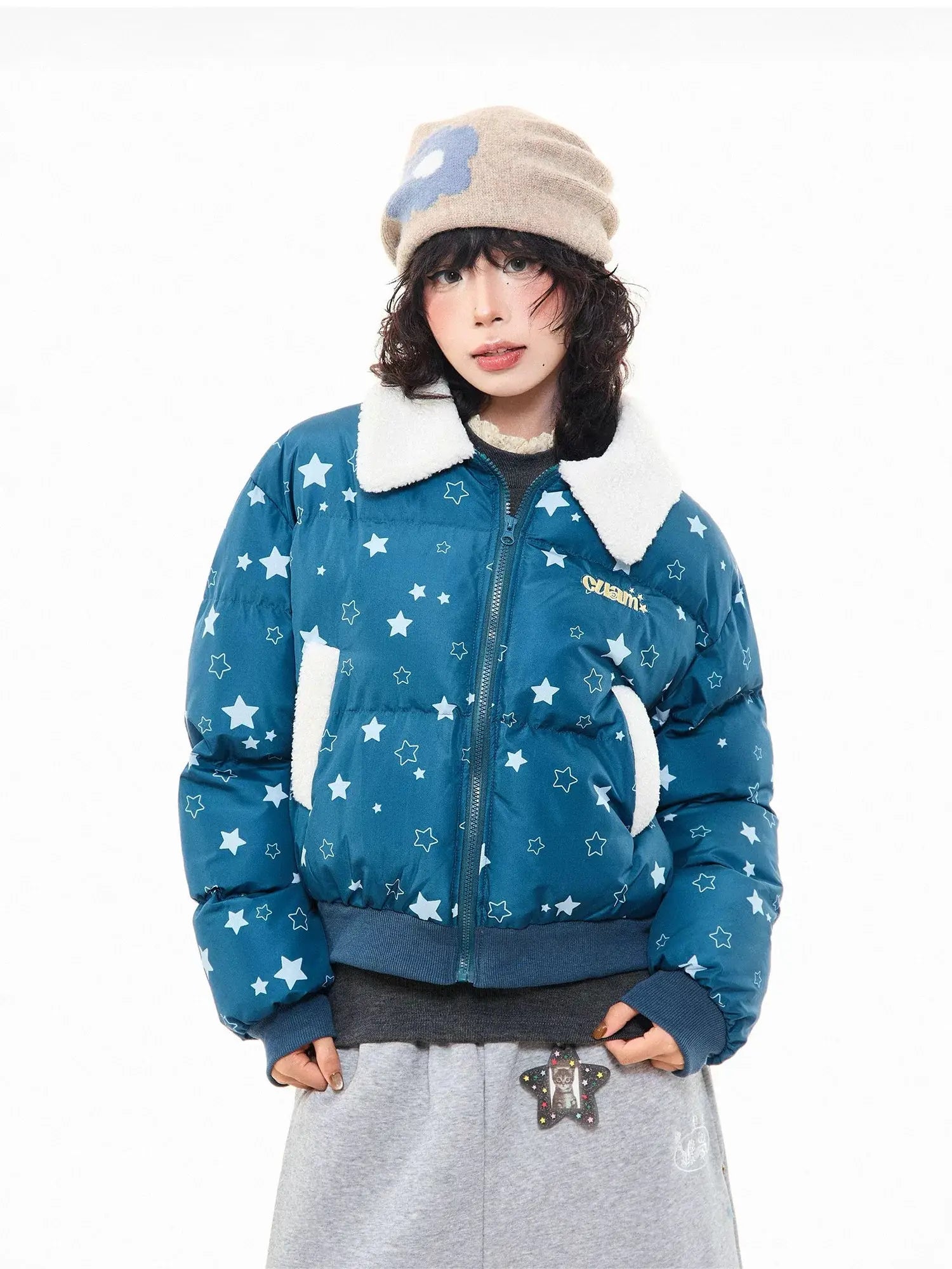 Star Puffer Jacket with Faux-Fur Collar  f0367