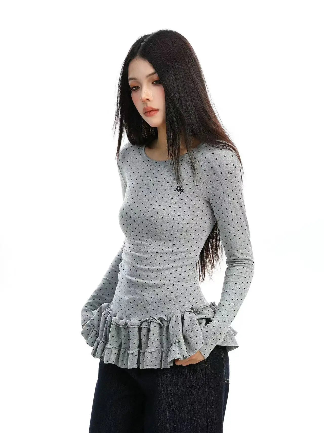 Ruffled Polka Dot Slim Fit Top f0327