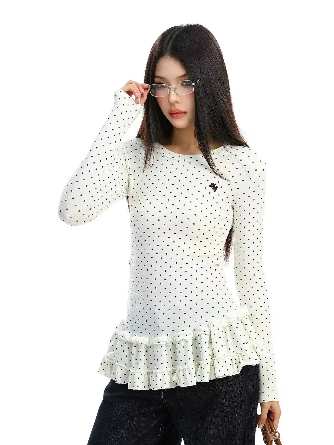 Ruffled Polka Dot Slim Fit Top f0327