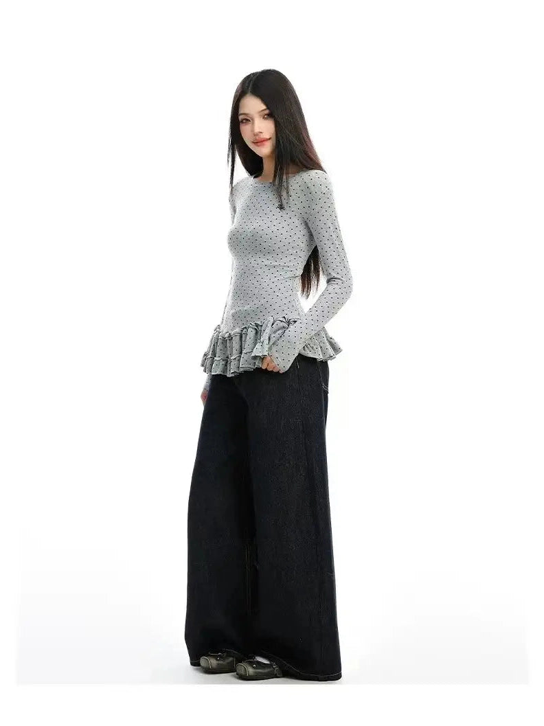 Ruffled Polka Dot Slim Fit Top f0327