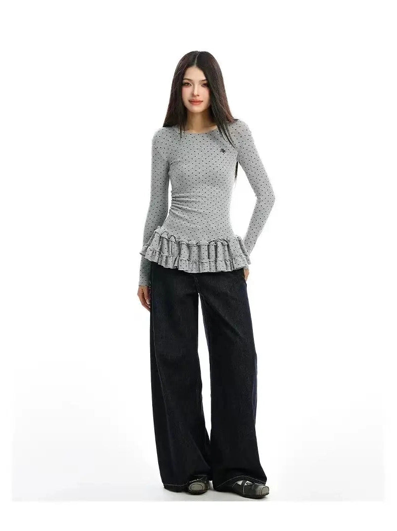 Ruffled Polka Dot Slim Fit Top f0327