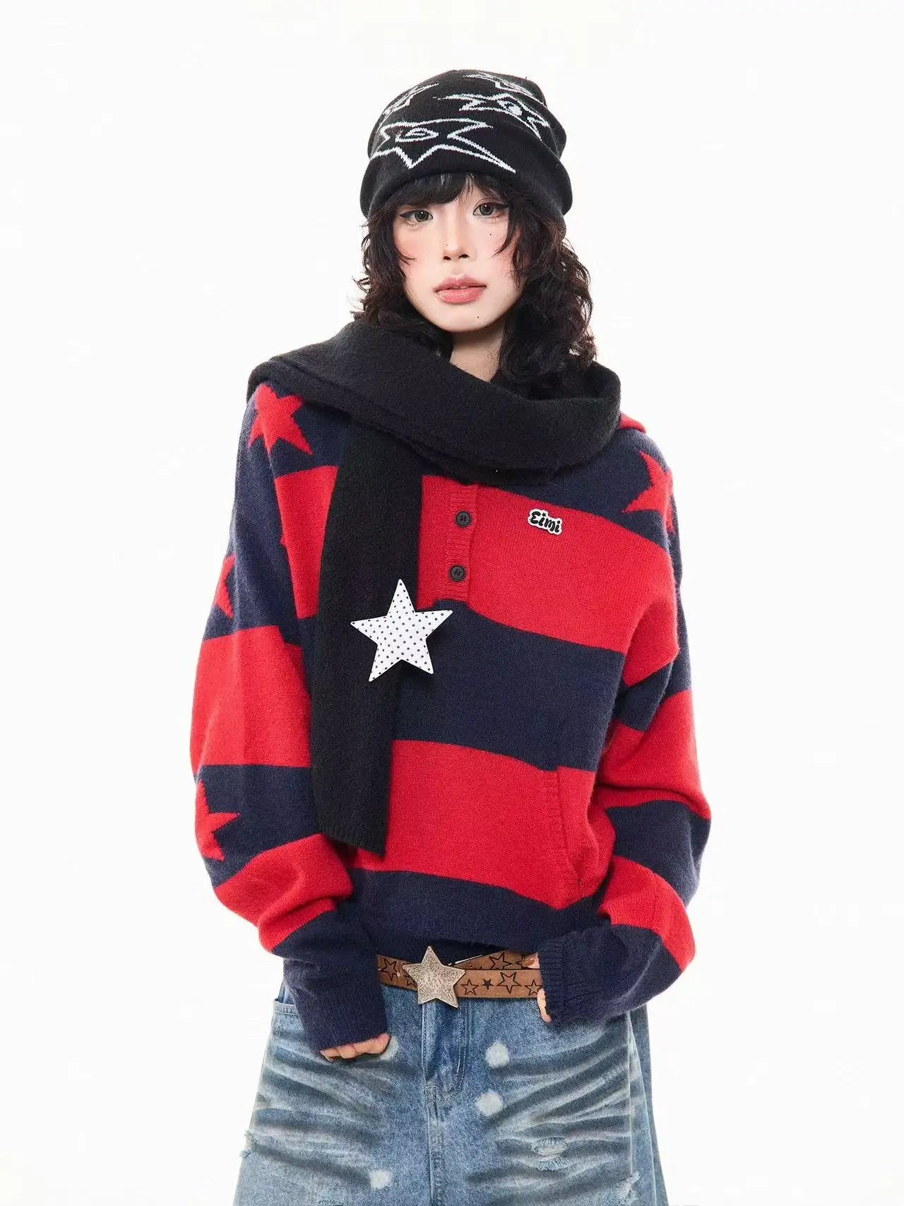 Retro Star Striped Hoodie Knit  f0364