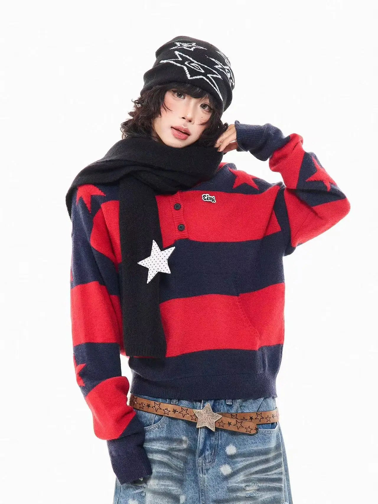 Retro Star Striped Hoodie Knit  f0364