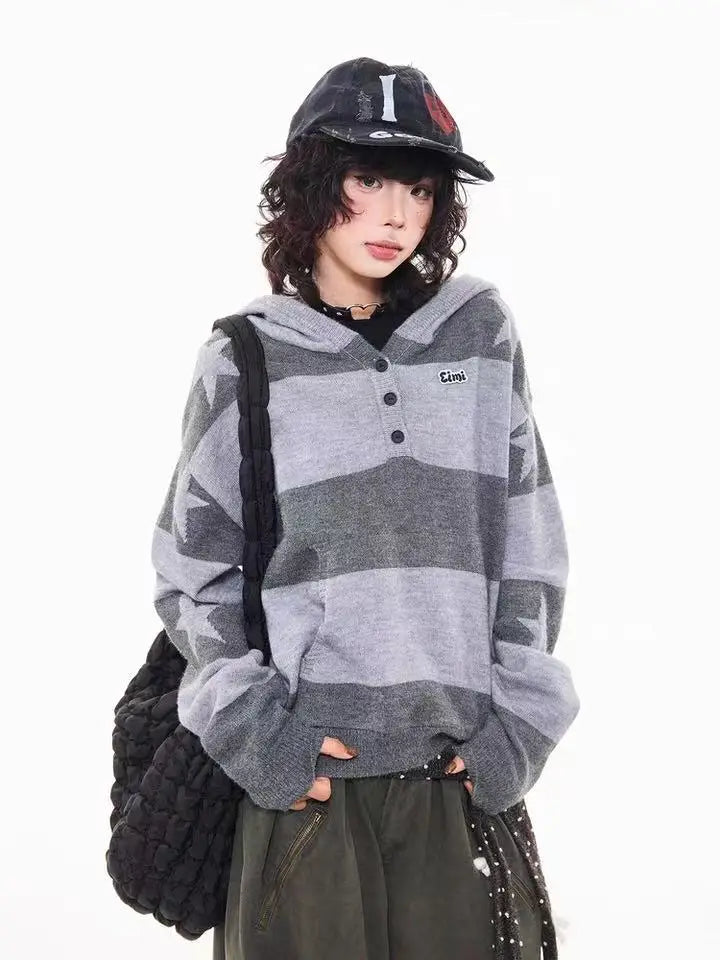 Retro Star Striped Hoodie Knit  f0364