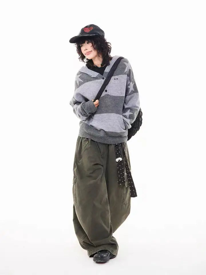 Retro Star Striped Hoodie Knit  f0364