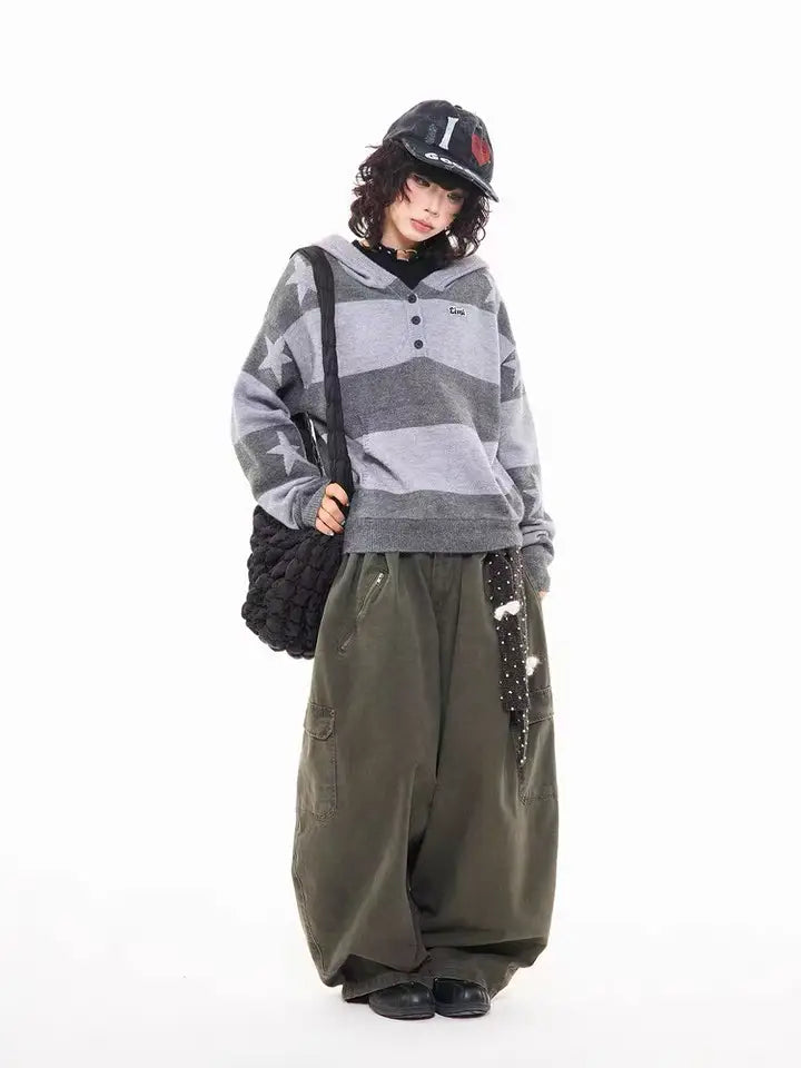 Retro Star Striped Hoodie Knit  f0364