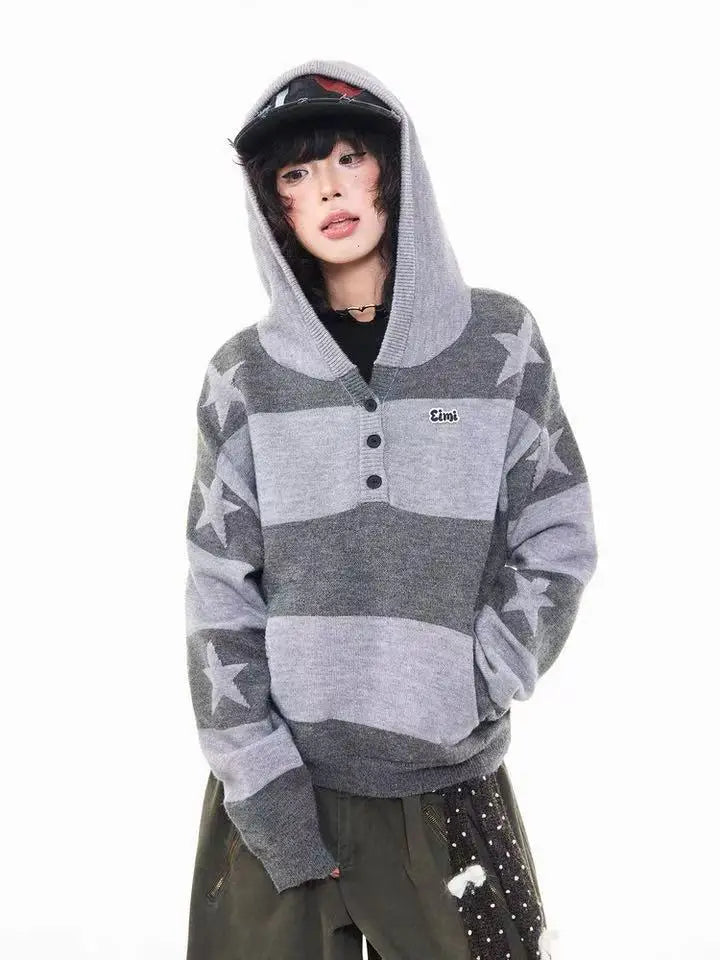 Retro Star Striped Hoodie Knit  f0364